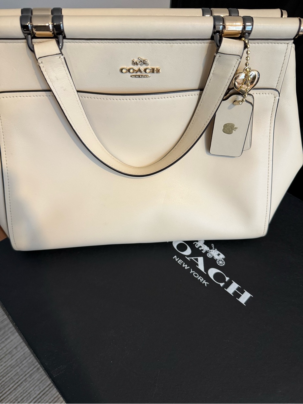 Selena Gomez Coach Cream Leather Tote with Gold Accents